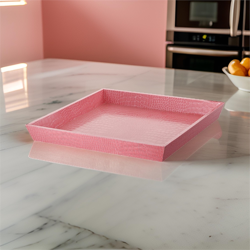 Wood and Leatherette Decorative Serving Tray with Raised Sides- Pink
