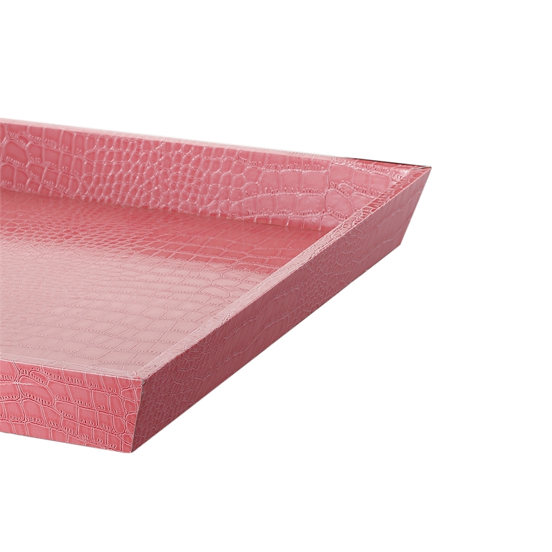 Wood and Leatherette Decorative Serving Tray with Raised Sides- Pink
