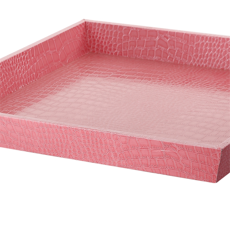 Wood and Leatherette Decorative Serving Tray with Raised Sides- Pink