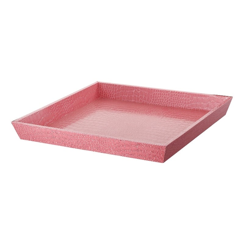 Wood and Leatherette Decorative Serving Tray with Raised Sides- Pink