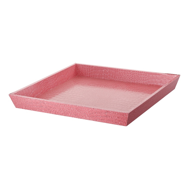 Wood and Leatherette Decorative Serving Tray with Raised Sides- Pink