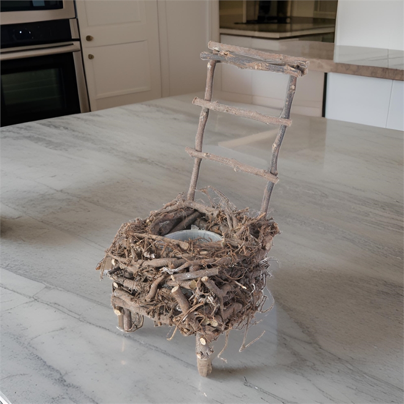 Nature Inspired Wooden Nest Planter with Clay Pot- Gray and Brown