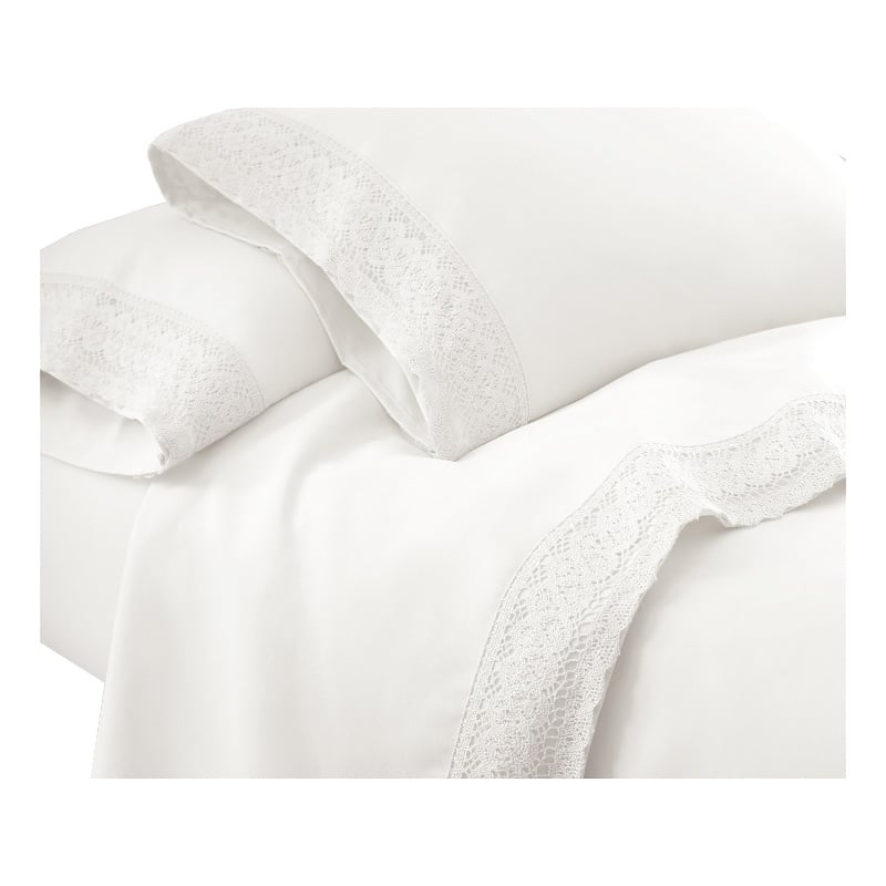 Udine 3 Piece Twin Size Sheet Set with Crochet Lace The Urban Port- White
