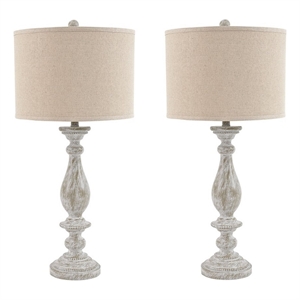 Drum Shade Table Lamp with Pedestal Base- Set of 2- Beige and Off White