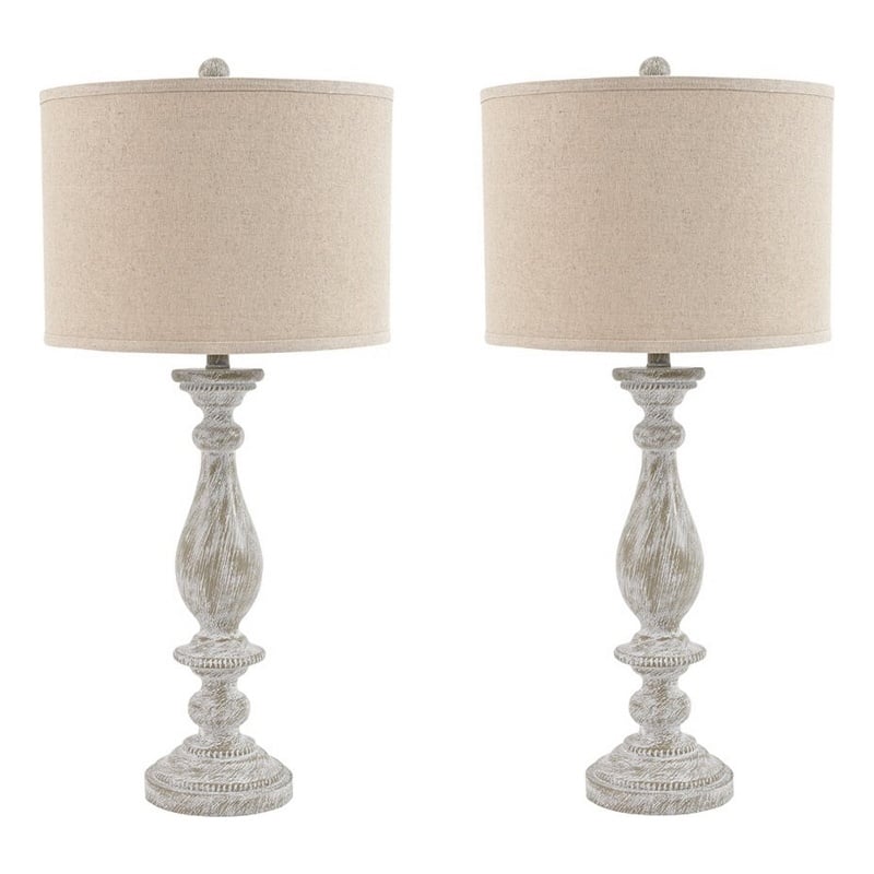 Drum Shade Table Lamp with Pedestal Base- Set of 2- Beige and Off White