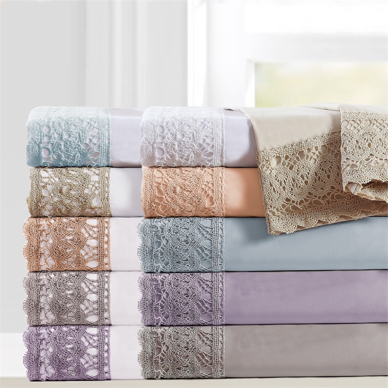Udine 4 Piece Full Size Microfiber Sheet Set with Crochet Lace -Cream