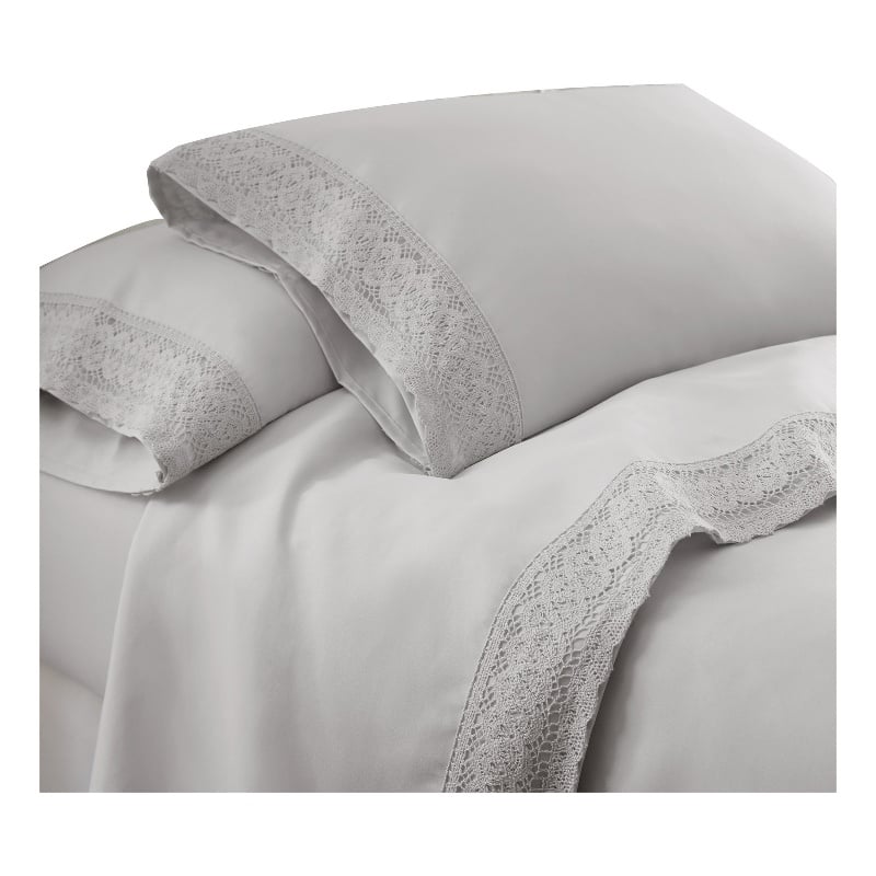 Udine 4 Piece Queen Size Microfiber Sheet Set with Crochet Lace - Gray