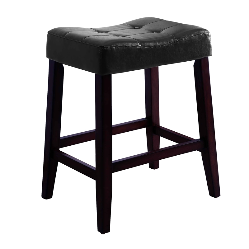 Wooden Stools with Saddle Seat and Button Tufts- Set of 2- Black and Brown