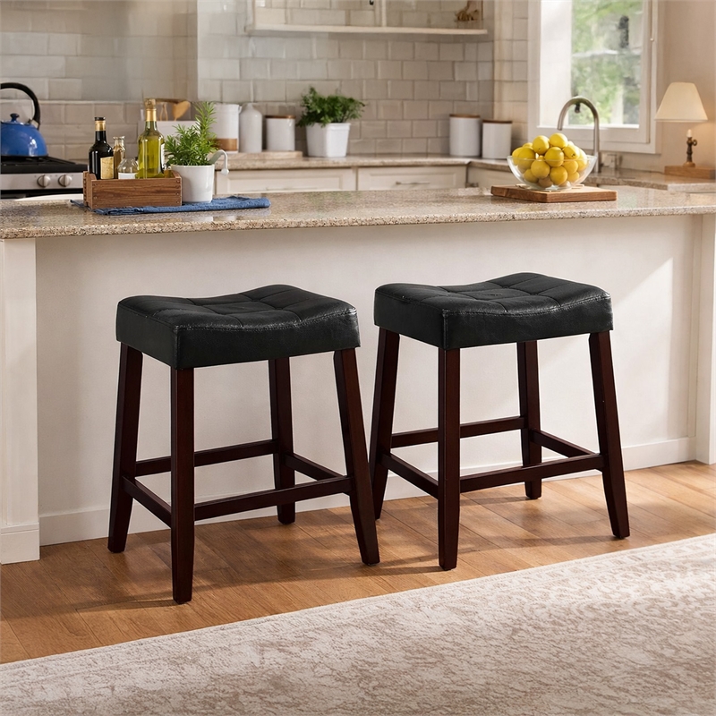 Wooden Stools with Saddle Seat and Button Tufts- Set of 2- Black and Brown