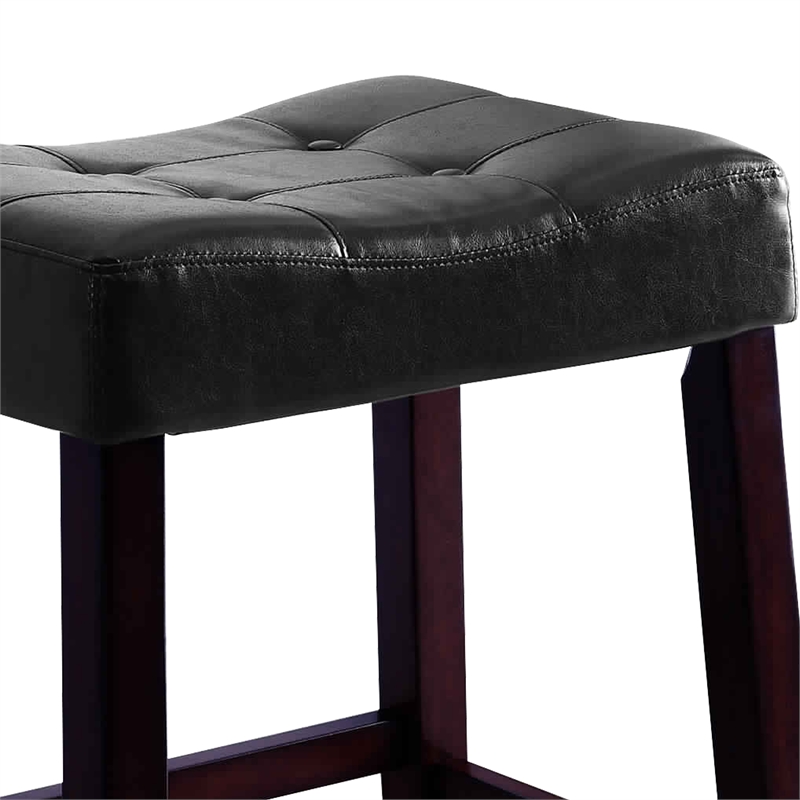 Wooden Stools with Saddle Seat and Button Tufts- Set of 2- Black and Brown