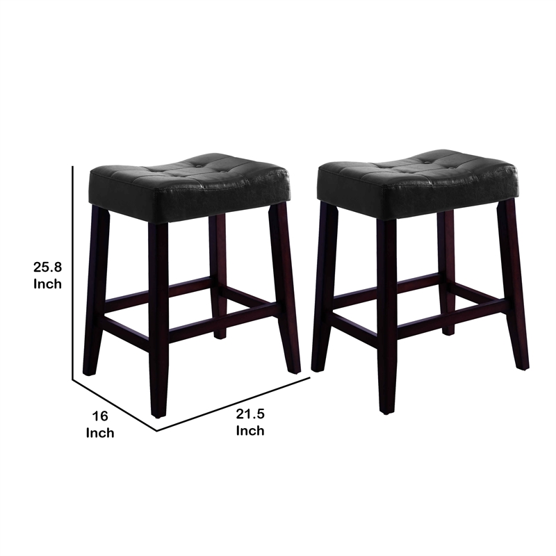 Wooden Stools with Saddle Seat and Button Tufts- Set of 2- Black and Brown