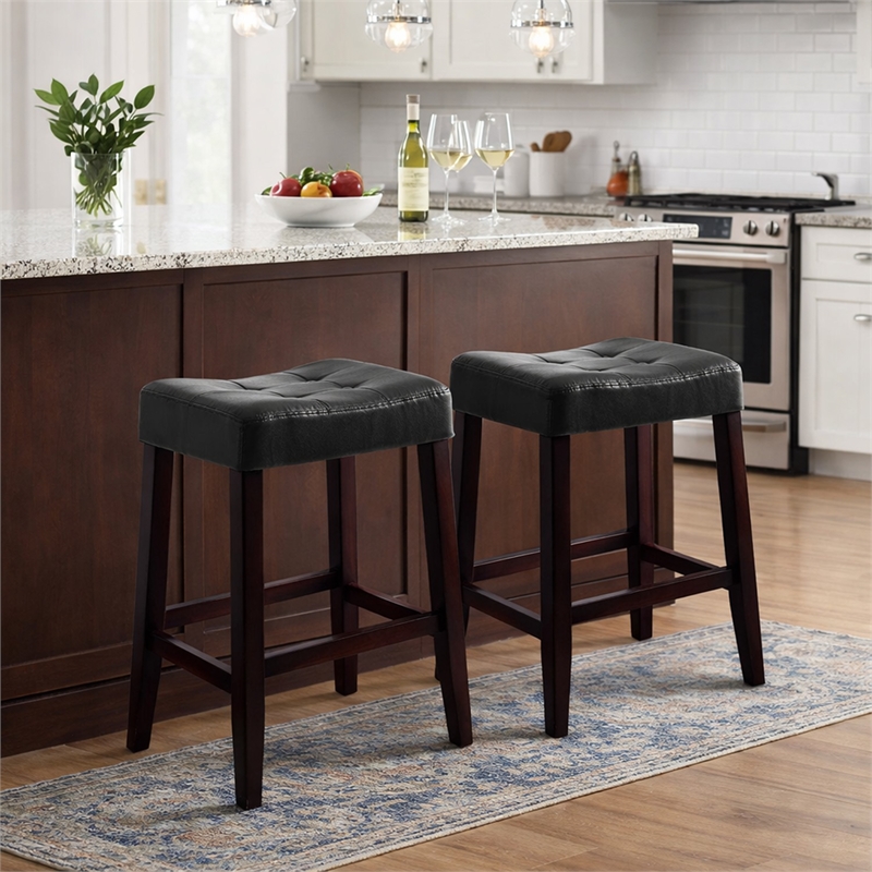 Wooden Stools with Saddle Seat and Button Tufts- Set of 2- Black and Brown