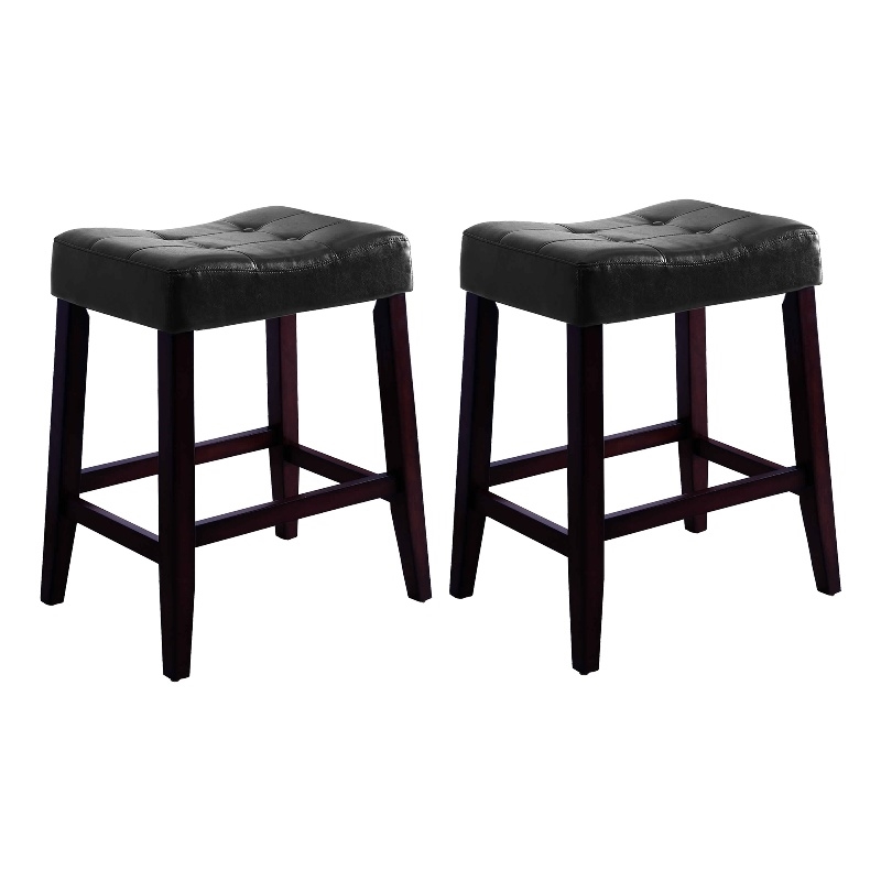 Wooden Stools with Saddle Seat and Button Tufts- Set of 2- Black and Brown