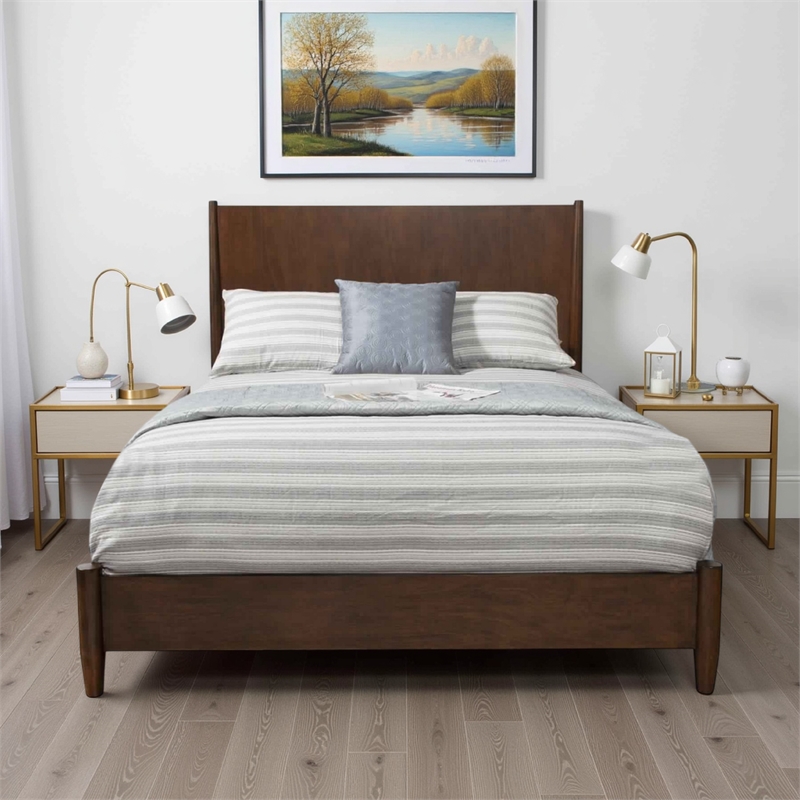 Mid Century Modern Wooden California King Bed with Round Legs- Brown