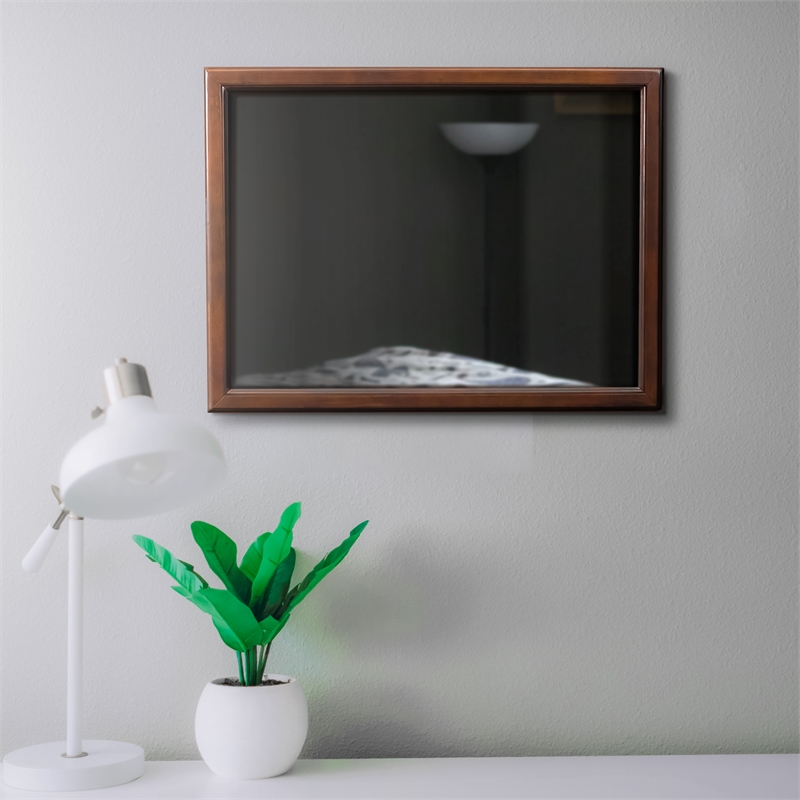 38 Inch Wooden Landscape Mirror- Molded Details- Dual Texture- Brown