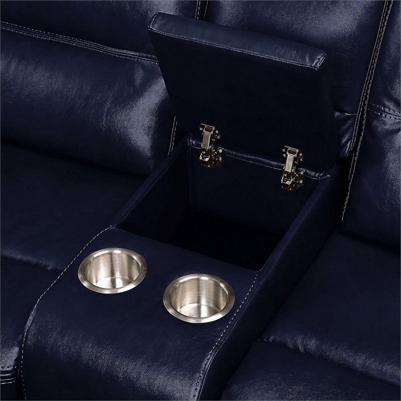 Motion Loveseat with Leatherette Upholstery and Tufted Seat- Navy Blue