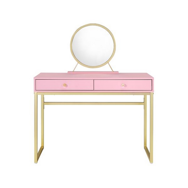Vanity Desk with Removable Mirror and Open Metal Frame- Pink and Gold