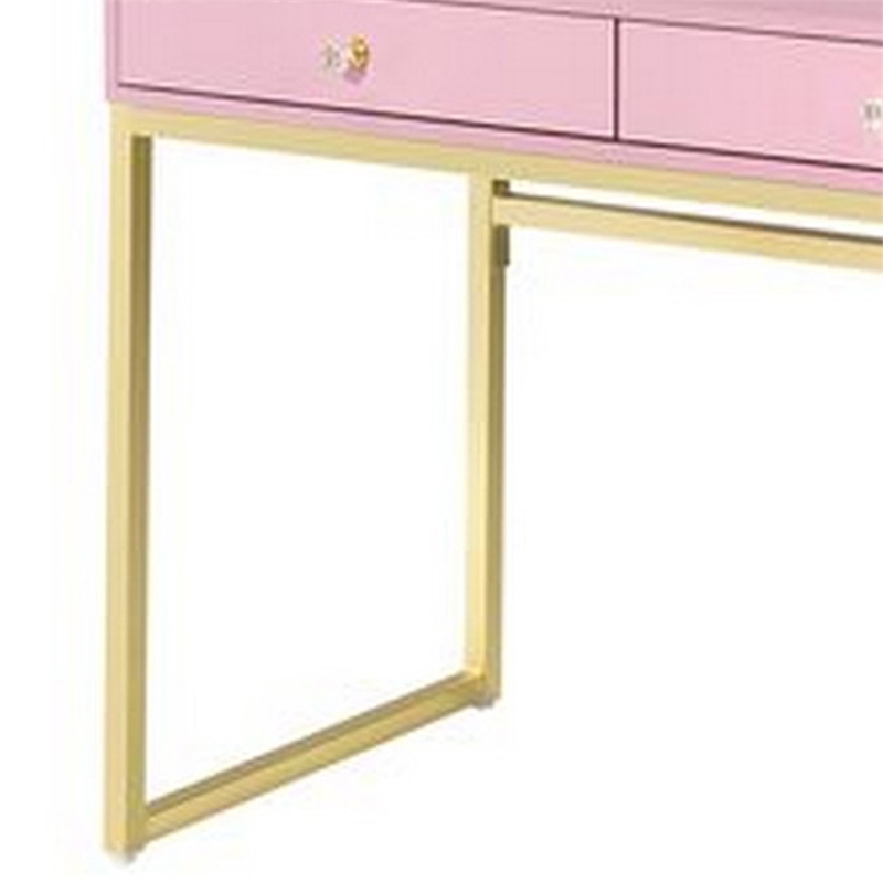Vanity Desk with Removable Mirror and Open Metal Frame- Pink and Gold