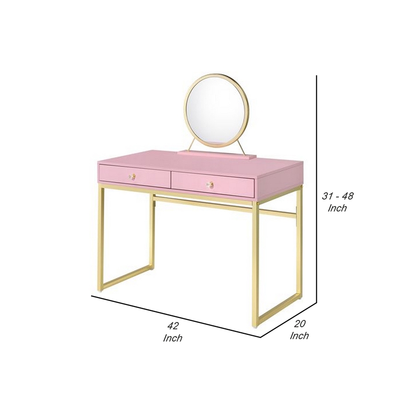 Vanity Desk with Removable Mirror and Open Metal Frame- Pink and Gold