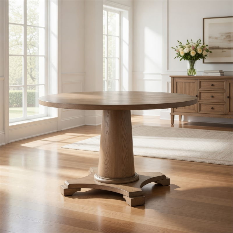 Dining Table with Single Pedestal Base- Oak Brown
