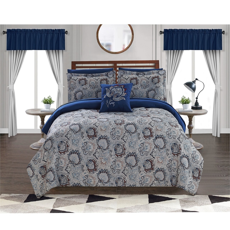 Caen 8 Piece Printed Queen Reversible Comforter Set - Gray and Blue