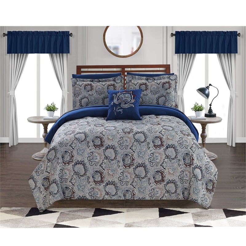 Caen 8 Piece Printed Queen Reversible Comforter Set - Gray and Blue