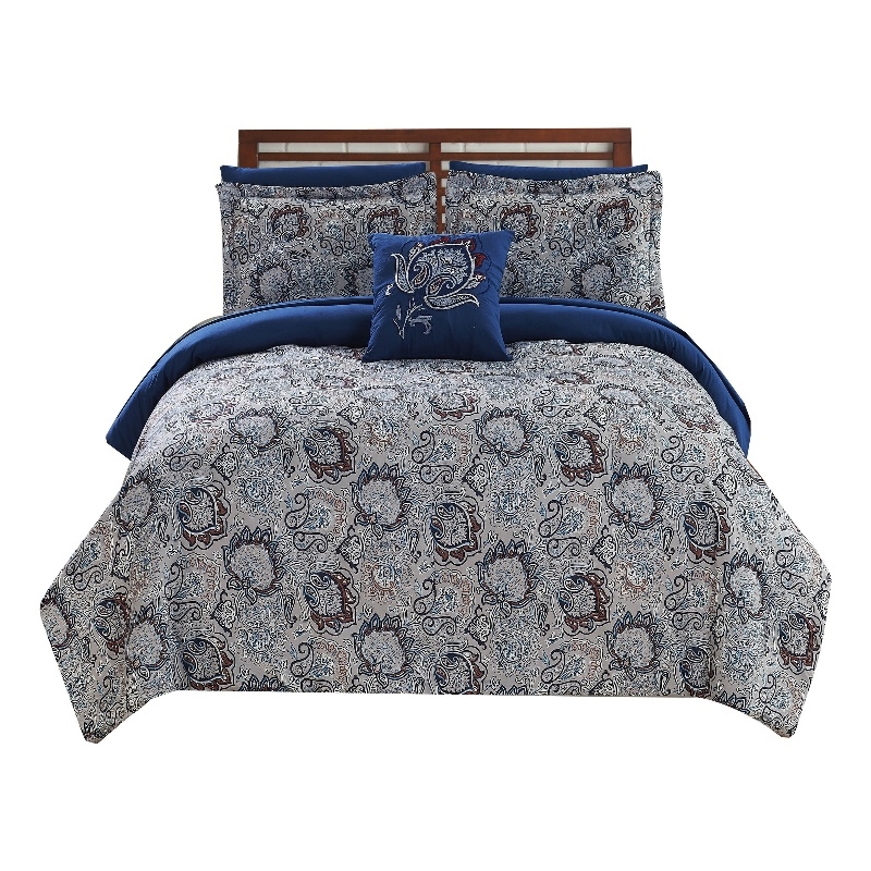 Caen 8 Piece Printed Queen Reversible Comforter Set - Gray and Blue
