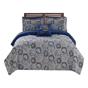 Caen 8 Piece Printed Queen Reversible Comforter Set - Gray and Blue