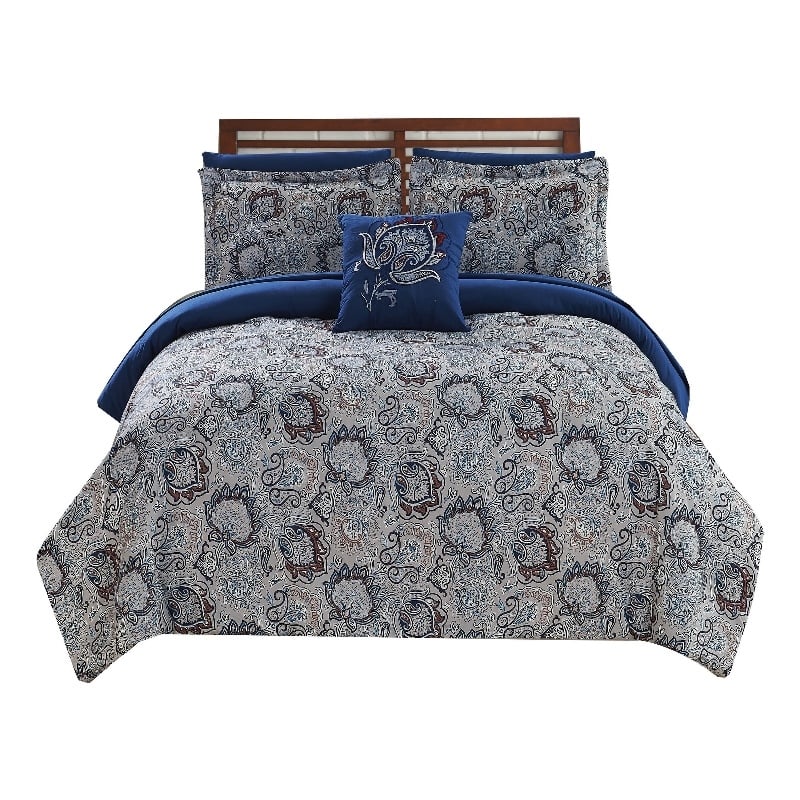 Caen 8 Piece Printed Queen Reversible Comforter Set - Gray and Blue