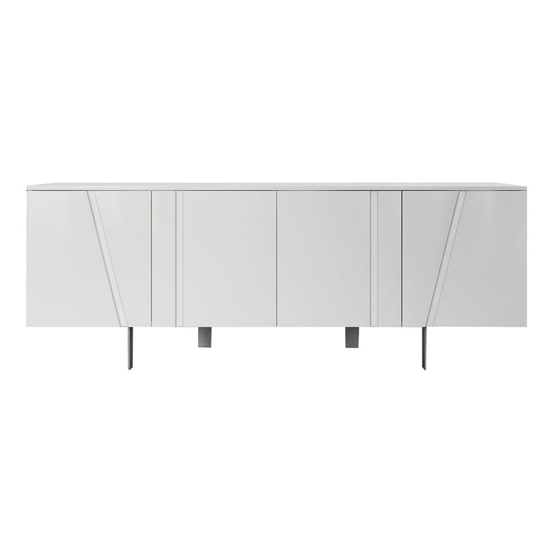75 Inch 4 Doors Modern Buffet Server- Geometric Front- Metal Legs- White