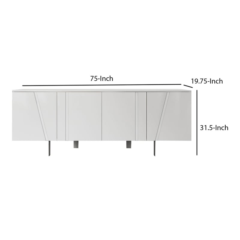 75 Inch 4 Doors Modern Buffet Server- Geometric Front- Metal Legs- White