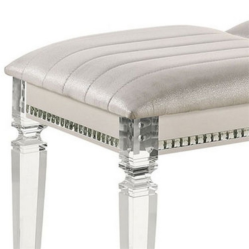 Tufted Leatherette Seater Wooden Bench with Mirror Accents- White