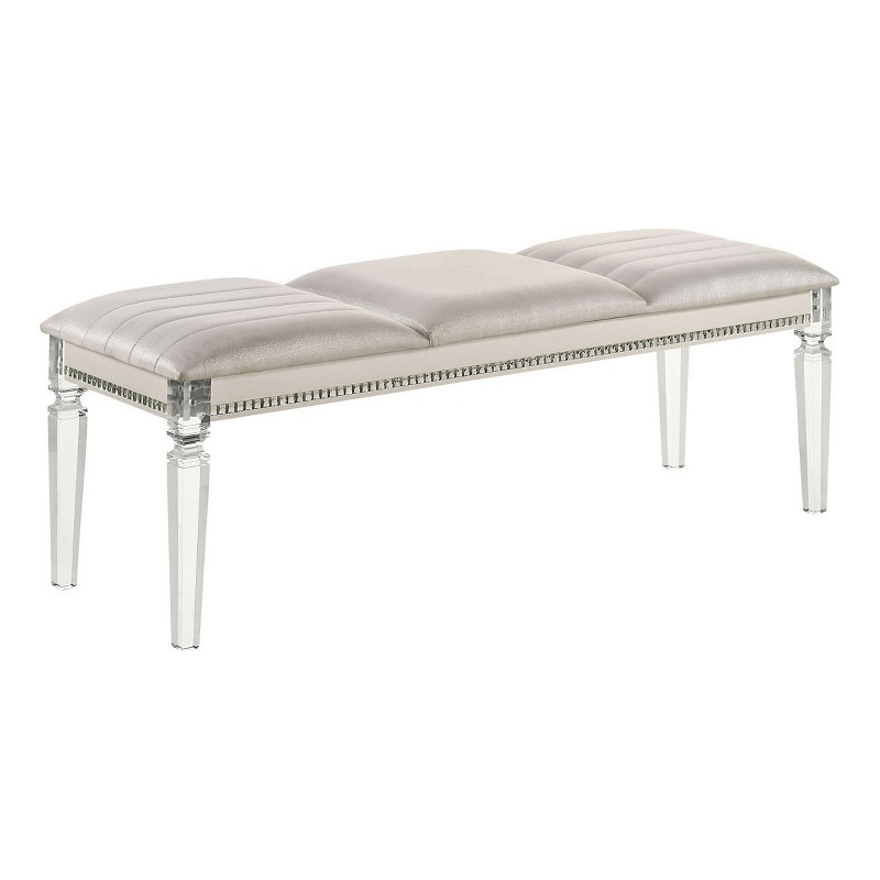 Tufted Leatherette Seater Wooden Bench with Mirror Accents- White