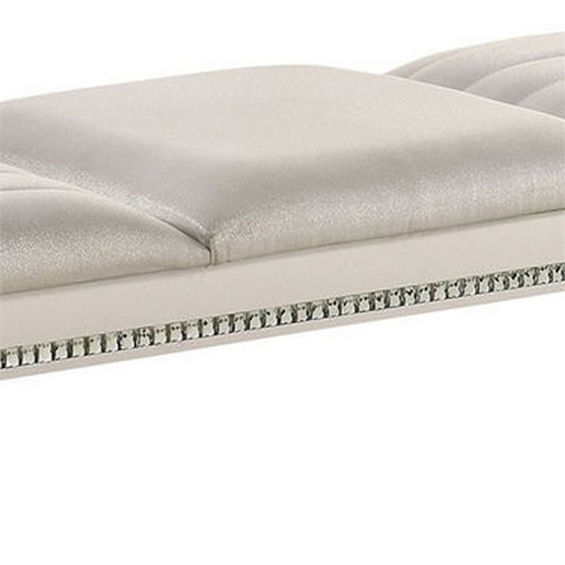 Tufted Leatherette Seater Wooden Bench with Mirror Accents- White