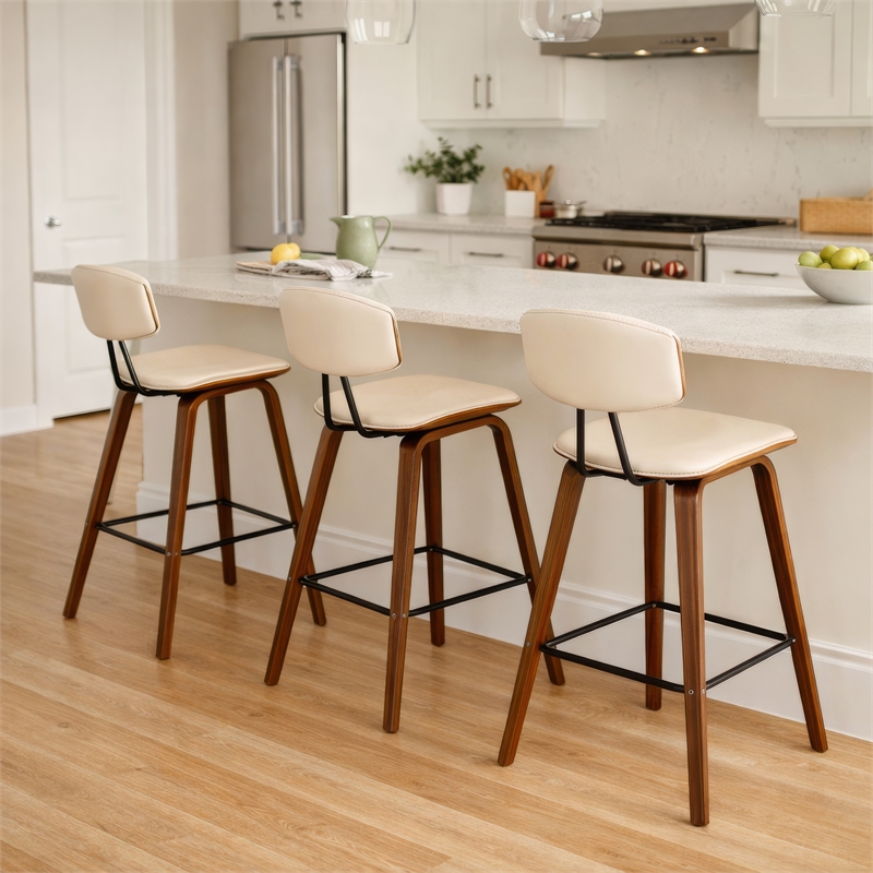 28.5 Inches Contoured Seat Leatherette Barstool- Cream