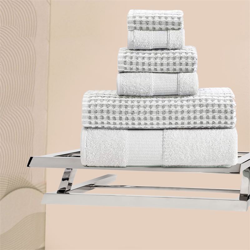 Porto 6 Piece Dual Tone Towel Set with Jacquard Grid Pattern - White