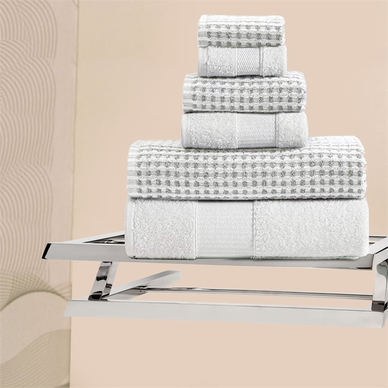 Porto 6 Piece Dual Tone Towel Set with Jacquard Grid Pattern - White