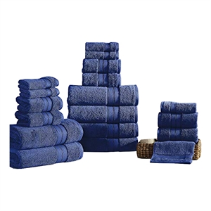 Bergamo 18 Piece Spun loft Towel Set with Striped Pattern - Dark Blue