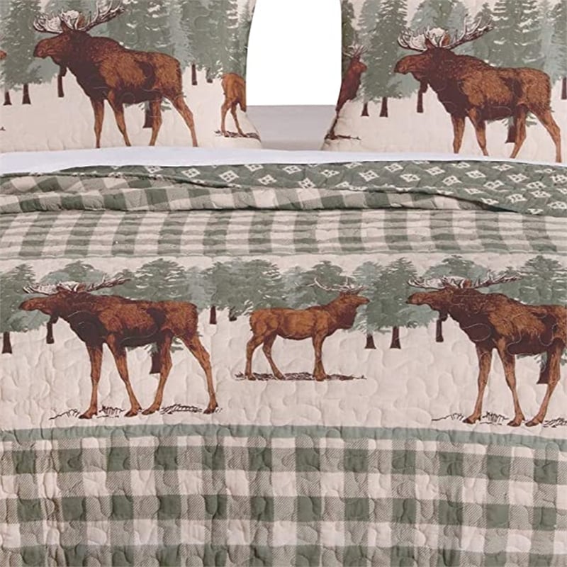 3 Piece Fabric King Quilt Set- Animal- Plaid Print- Gray and Brown