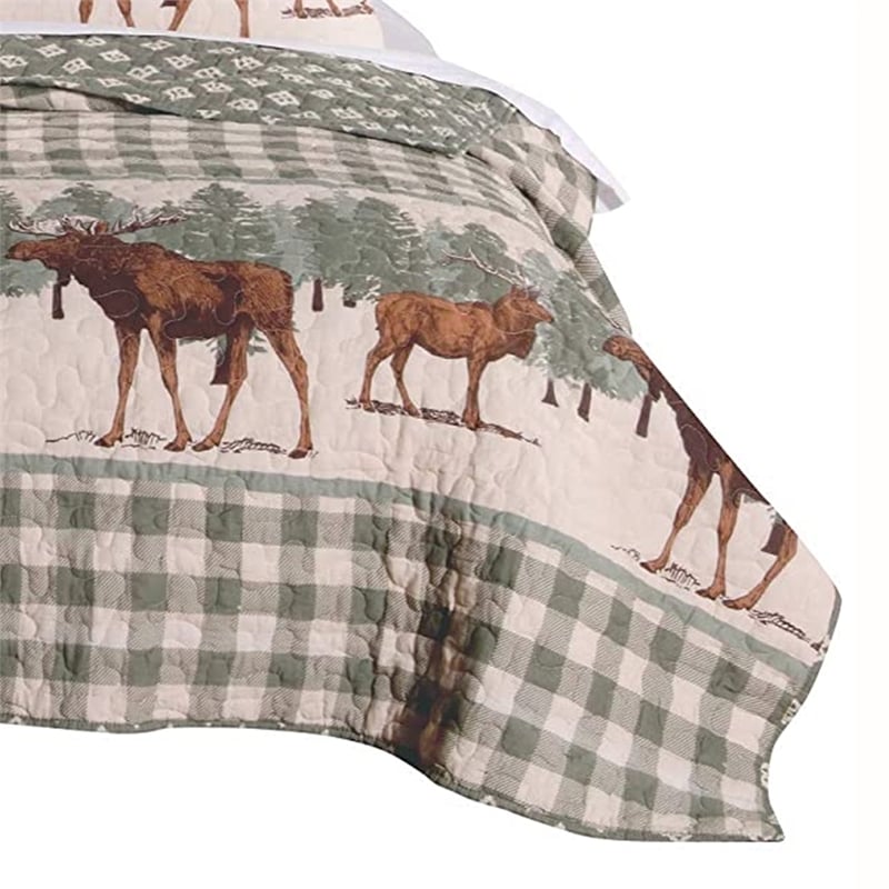 3 Piece Fabric King Quilt Set- Animal- Plaid Print- Gray and Brown