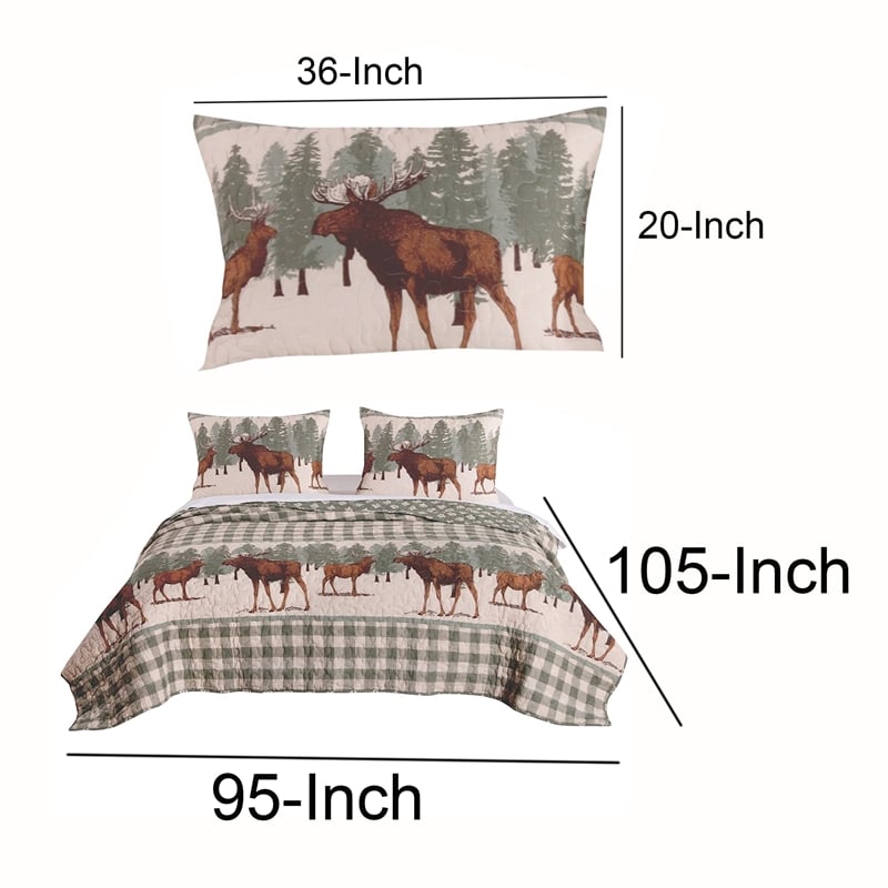 3 Piece Fabric King Quilt Set- Animal- Plaid Print- Gray and Brown