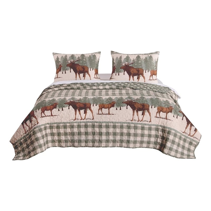 3 Piece Fabric King Quilt Set- Animal- Plaid Print- Gray and Brown
