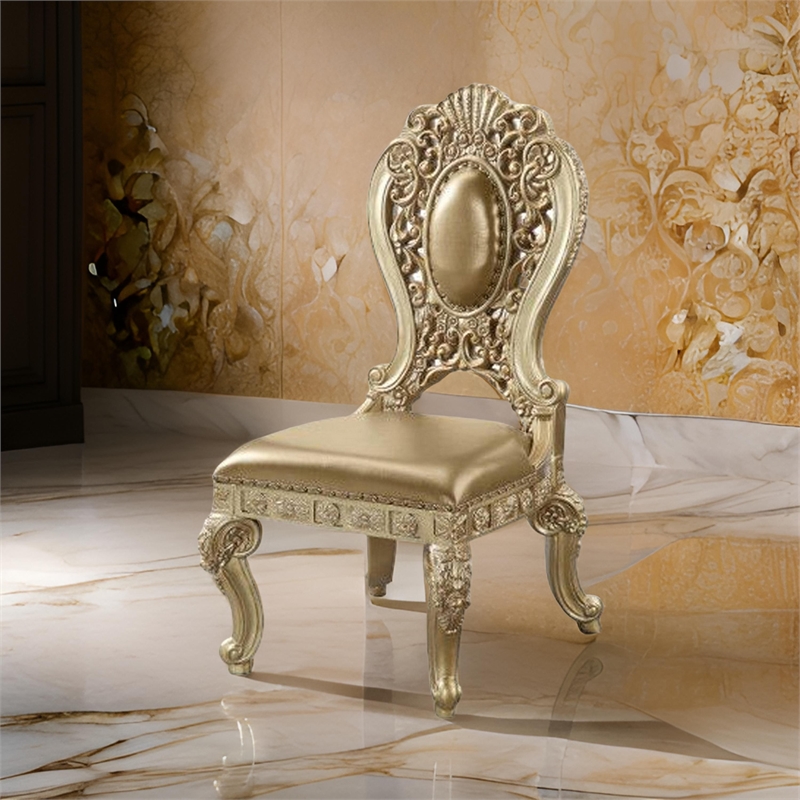 Side Chair with Scroll Crown Back and Ornate Motifs- Set of 2- Gold