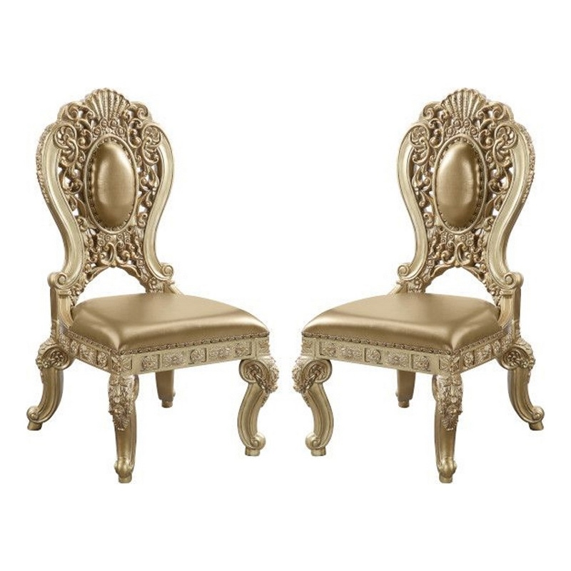 Side Chair with Scroll Crown Back and Ornate Motifs- Set of 2- Gold