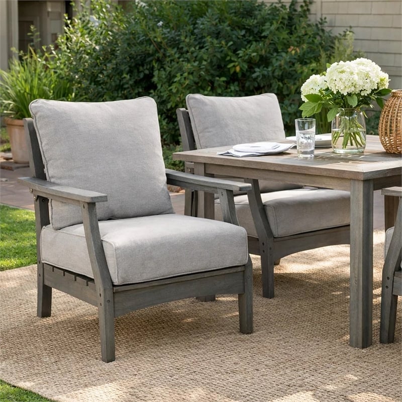 Outdoor Lounge Chair with Slatted Design and Cushions- Set of 2- Gray