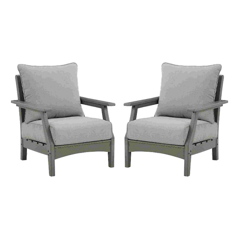 Outdoor Lounge Chair with Slatted Design and Cushions- Set of 2- Gray