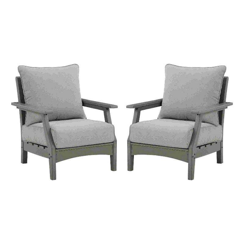 Outdoor Lounge Chair with Slatted Design and Cushions- Set of 2- Gray