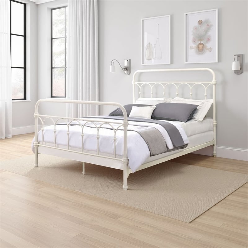 Metal Full Size Bed with Rectangular Spindle Headboard- White