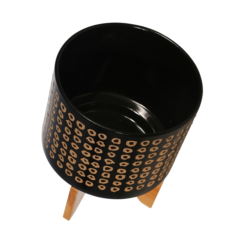 Planter with Wooden Stand and Abstract Design- Large- Black