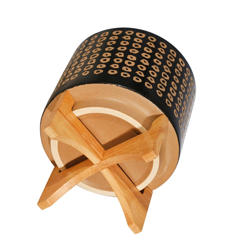 Planter with Wooden Stand and Abstract Design- Large- Black